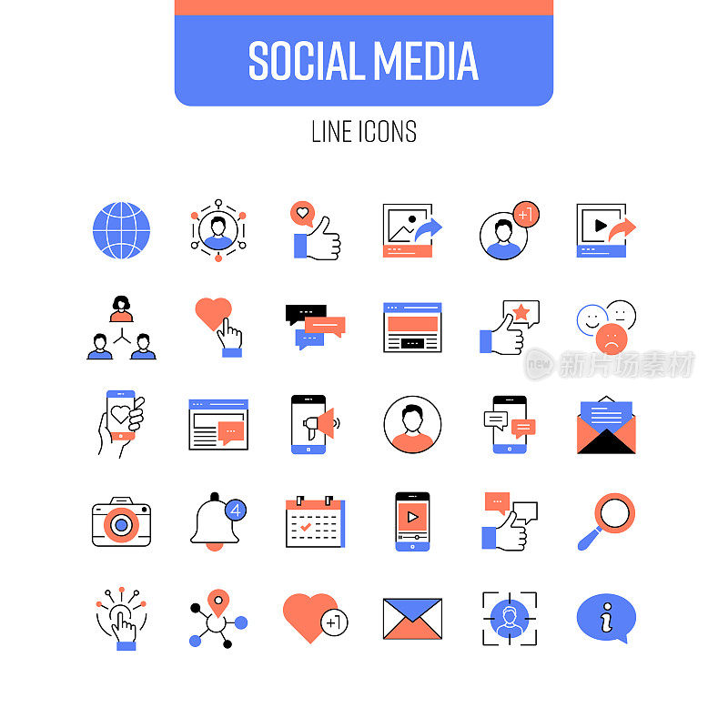 社交媒体线图标集。社交网络，连接，分享，事件，聊天。