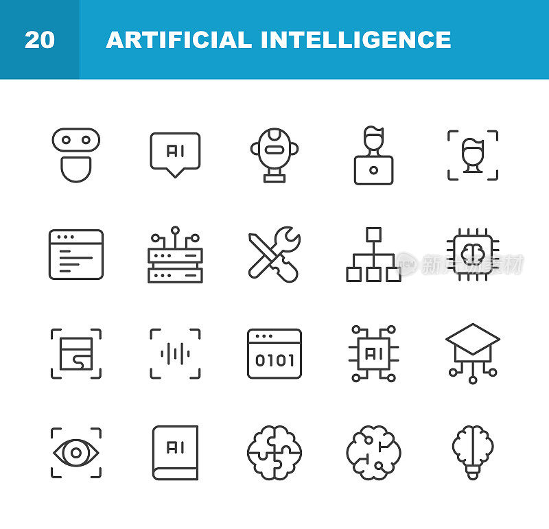 人工智能线图标。可编辑的中风。像素完美。移动和Web。包含AI、大脑、芯片、编码、数据、工程、生成艺术、GPU、机器、机器学习、神经网络、处理器、编程、机器人等图标。