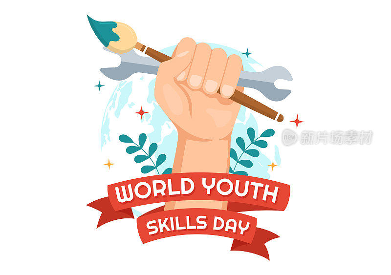 世界青年技能日矢量插图的人有技能的各种就业和创业在平面卡通手绘模板