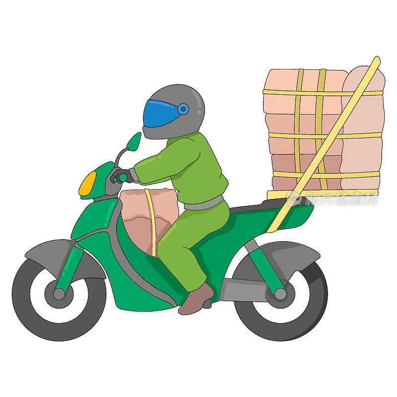 快递员骑着摩托车把快递单包裹送到顾客手中