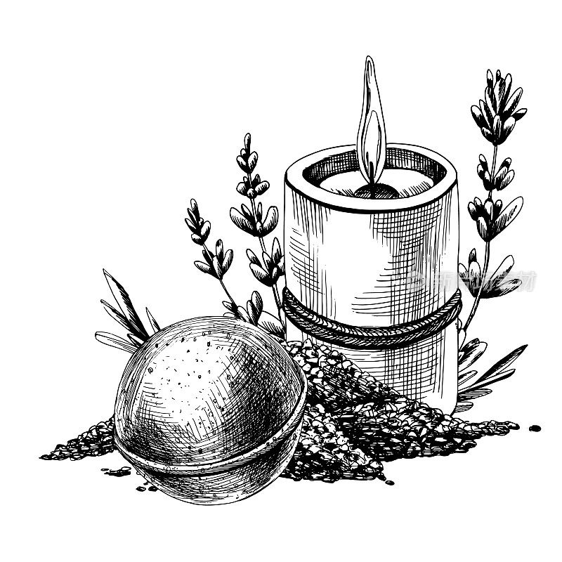 海盐蜡烛，沐浴炸弹和薰衣草花。这幅插图是手绘的。Eps矢量，白色背景合成。