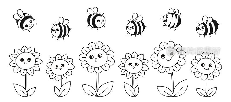 蜜蜂蜂蜜人物花朵线性漫画集漫画儿童蜜蜂昆虫人物复古设计