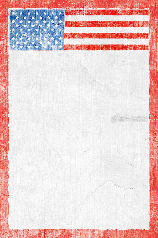 美国国旗设计白色星星在蓝色背景和红色条纹在顶部和垃圾边界在所有方面，画在旧风化的背景与不均匀的纹理在垂直墙纹理矢量背景在褪色的颜色和平原空中心