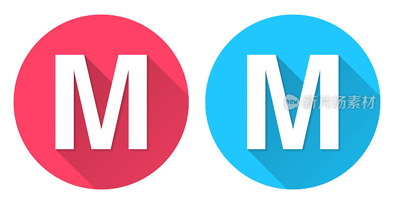 字母m圆形图标与长阴影在红色或蓝色的背景
