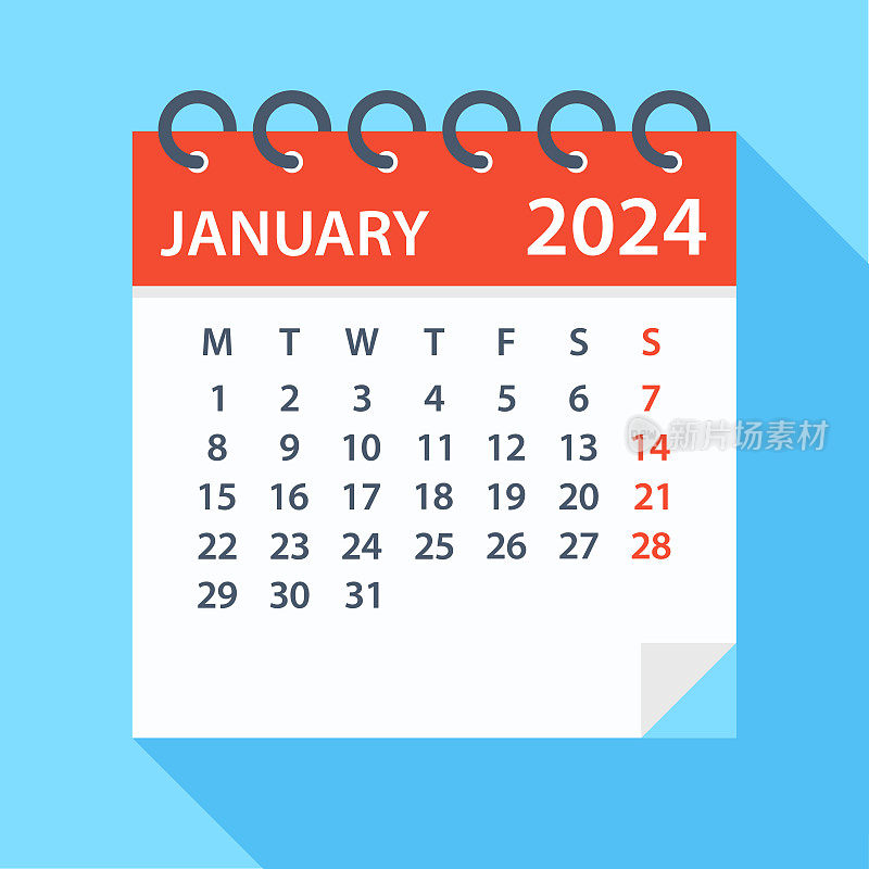 2024年1月-日历。一周从周一开始