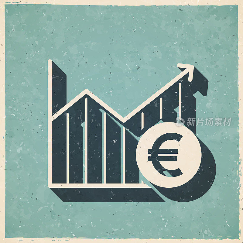 欧元硬币的增长图。图标复古复古风格-旧纹理纸