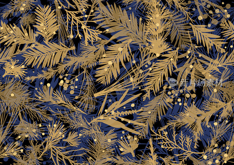 无缝金色抽象圣诞植物图案
