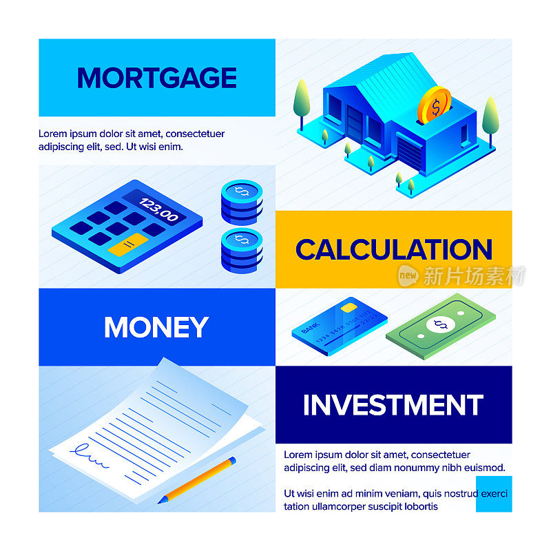 矢量插图抵押等距图标集和三维横幅设计。债务，金融贷款，抵押贷款，房屋租赁，保险，投资。