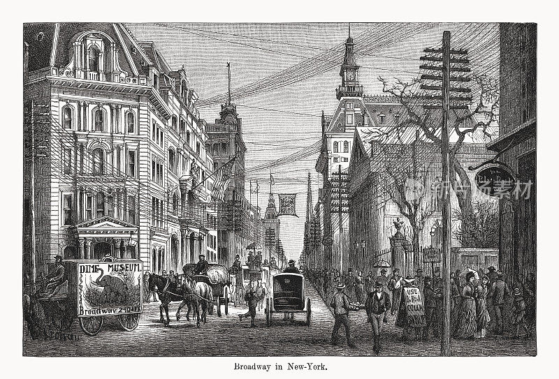 下百老汇在纽约，美国，木版画，出版1894年