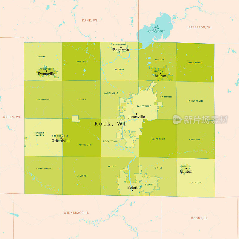 WI洛克县矢量地图绿色