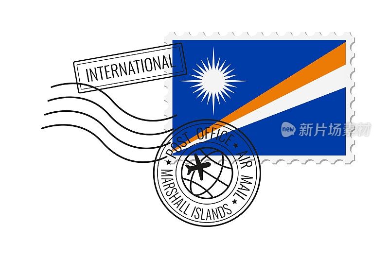 马绍尔群岛邮票。明信片矢量插图与马绍尔群岛国旗孤立的白色背景。