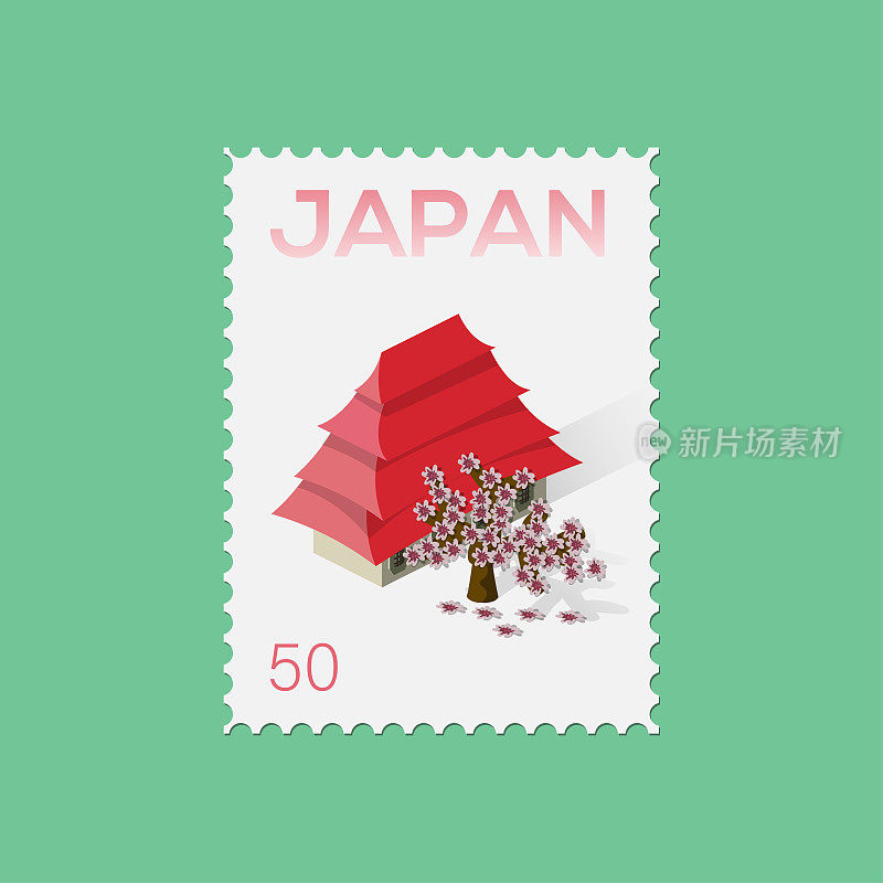 邮票与等距日本建筑，蜗牛邮件从日本，小城镇在亚洲，远东建筑，目的地日本，旅游景点，城市位置，地方在东方，访问亚洲，现代3D房子