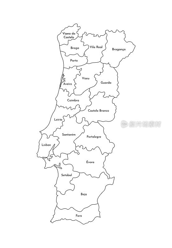 葡萄牙简化行政地图矢量孤立插图。地区的边界和名称。黑色的轮廓线