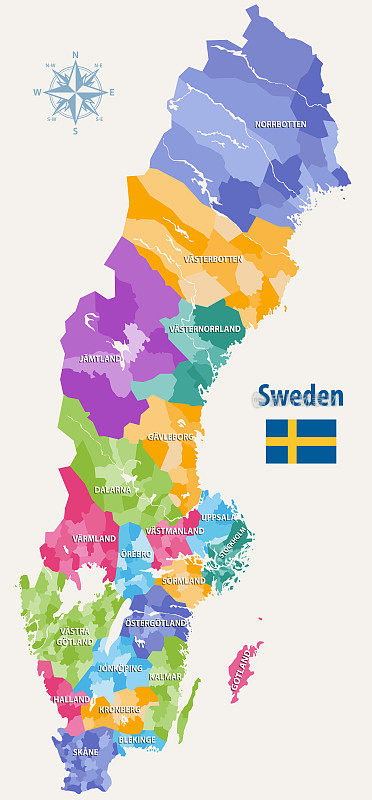 矢量彩色地图的瑞典市彩色的县