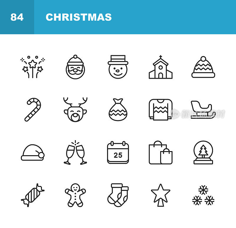 圣诞节的图标。可编辑的中风。像素完美。移动和网络。包含圣诞，圣诞装饰，圣诞老人，圣诞礼物，雪花，冬天，圣诞帽，宗教，教堂，庆祝，糖果，驯鹿。