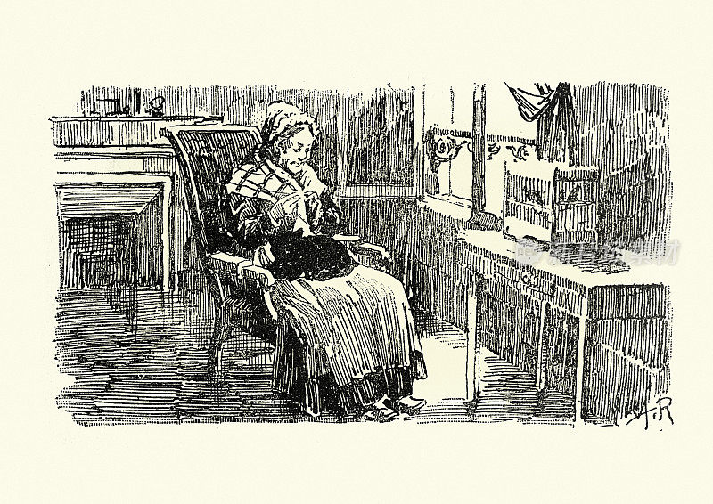 19世纪，坐在椅子上，腿上放着一只猫的老妇人
