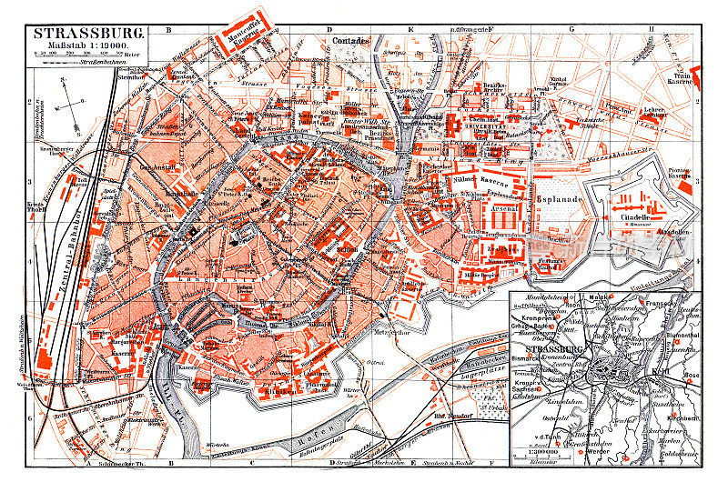 1897年法国斯特拉斯堡城市地图，有铁路和地铁轨道