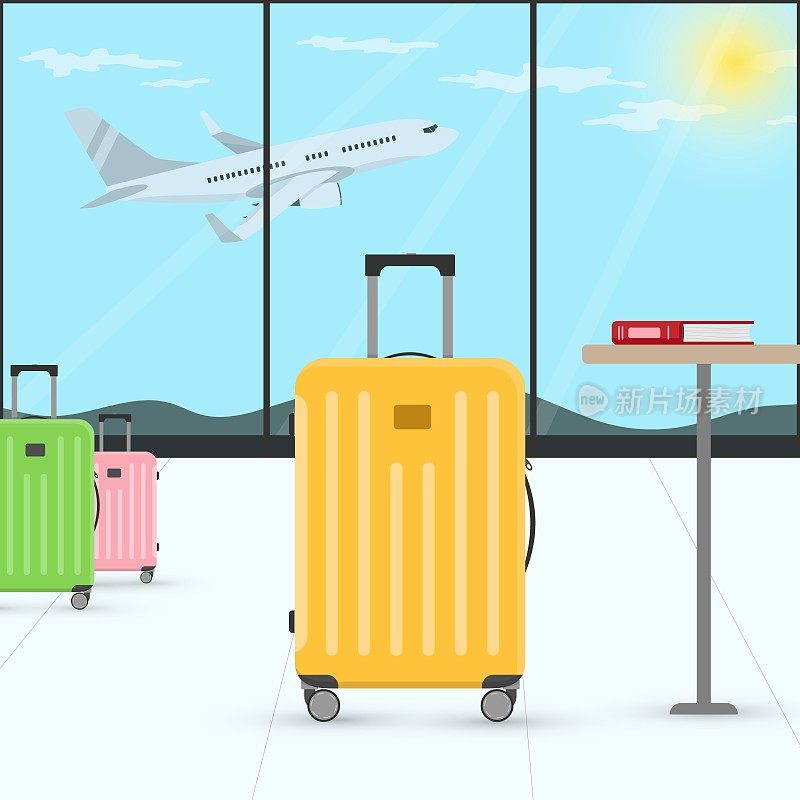 矢量卡通插图机场候机厅手提箱，桌子，书，飞机。机场的大窗户，晴天，旅游概念。蓝天背景下客机起飞。
