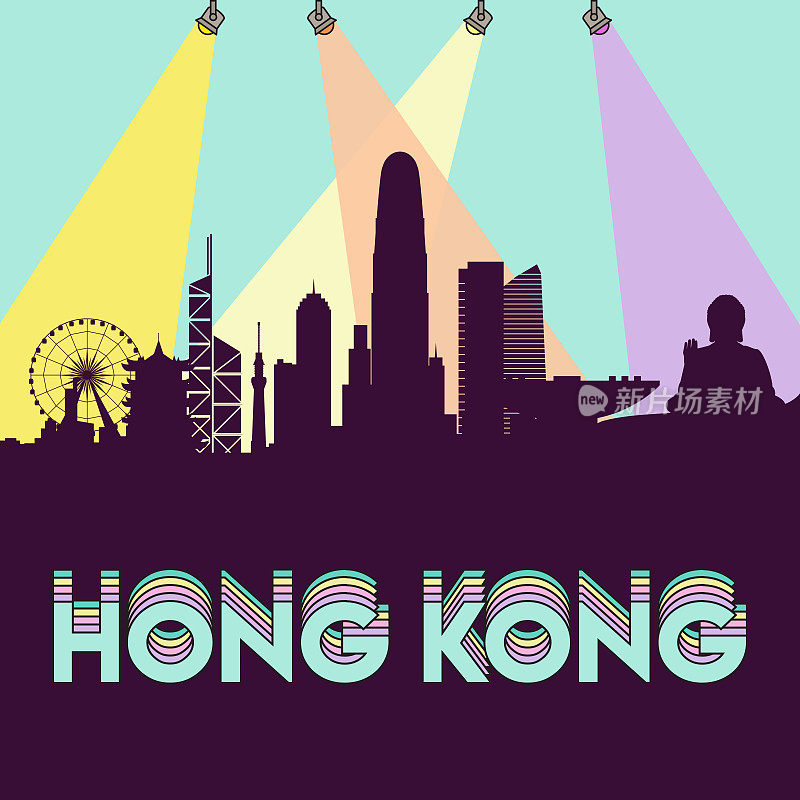 香港天际线轮廓平面设计矢量插图