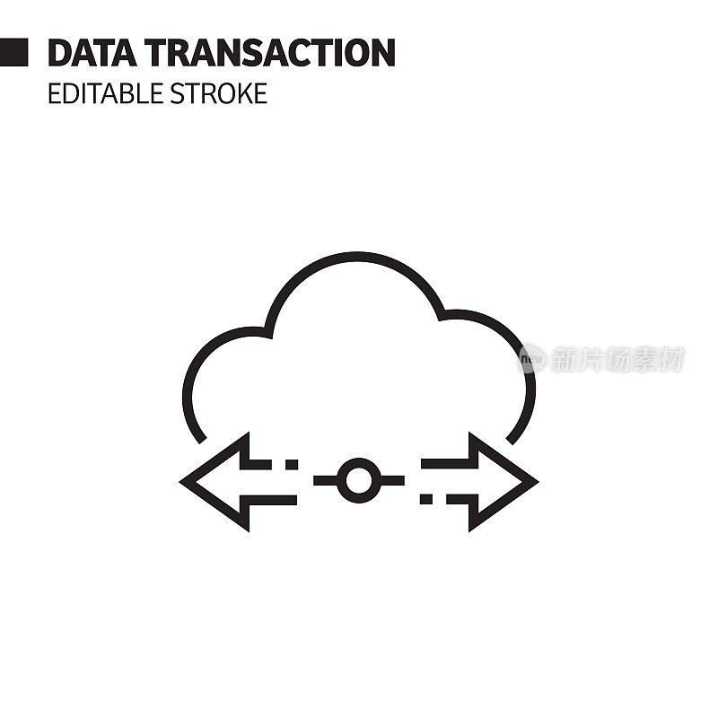数据事务线图标，轮廓向量符号插图。完美像素，可编辑的描边。