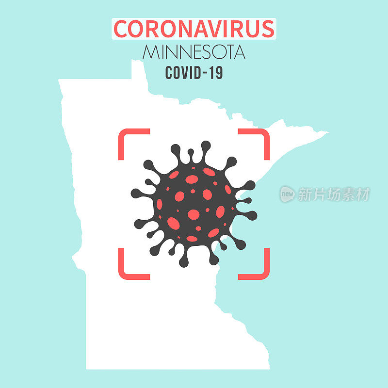 明尼苏达州地图，红色取景器中有冠状病毒细胞(COVID-19)