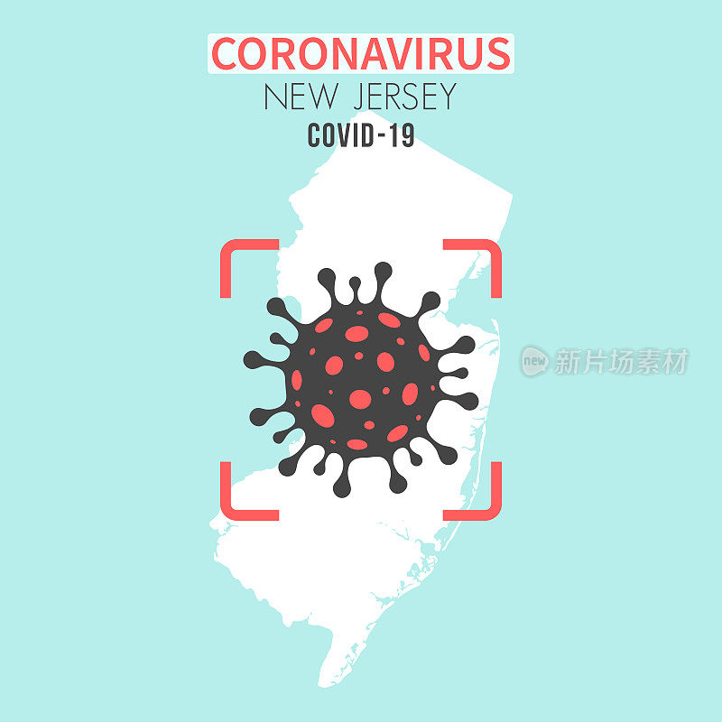 新泽西州地图，红色取景器中有冠状病毒细胞(COVID-19)