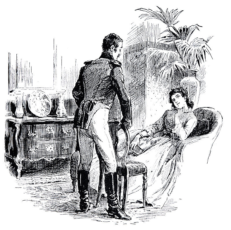一个士兵站着，和一个坐在舒适椅子上的年轻女子交谈