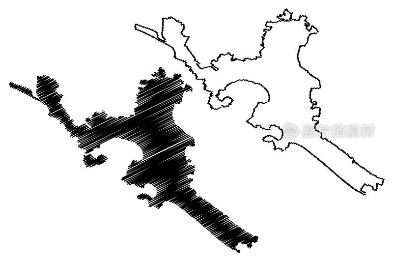 阿卡普尔科市(墨西哥联合州，墨西哥格雷罗州)地图矢量插图，潦草草图阿卡普尔科市华雷斯地图