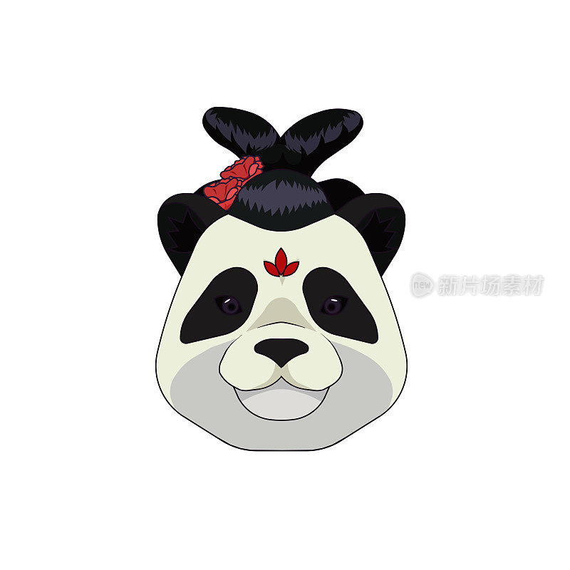 大熊猫头穿着传统的中国发型在白色孤立的背景，矢量插图卡通风格，亚洲和中国文化的概念，历史时尚和服装，动物。