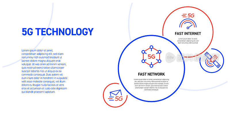 带线条图标的5G技术相关信息图设计。简单轮廓符号图标。