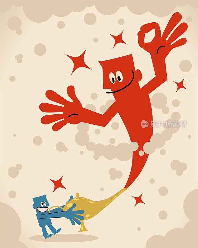 微笑的商人正在擦他的神灯,然后这个巨大的精灵做了个OK的手势,并许下了3个愿望