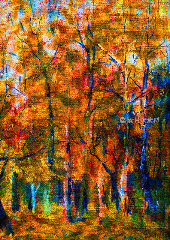 油画风景秋天的树与明亮的黄色和橙色的叶子在公园的背景灰色的秋天的天空和黄色的草在多风的天气