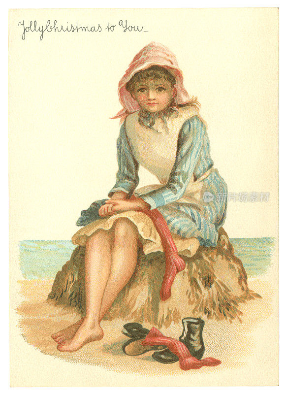维多利亚时代的圣诞卡片，沙滩上的女孩，1884年