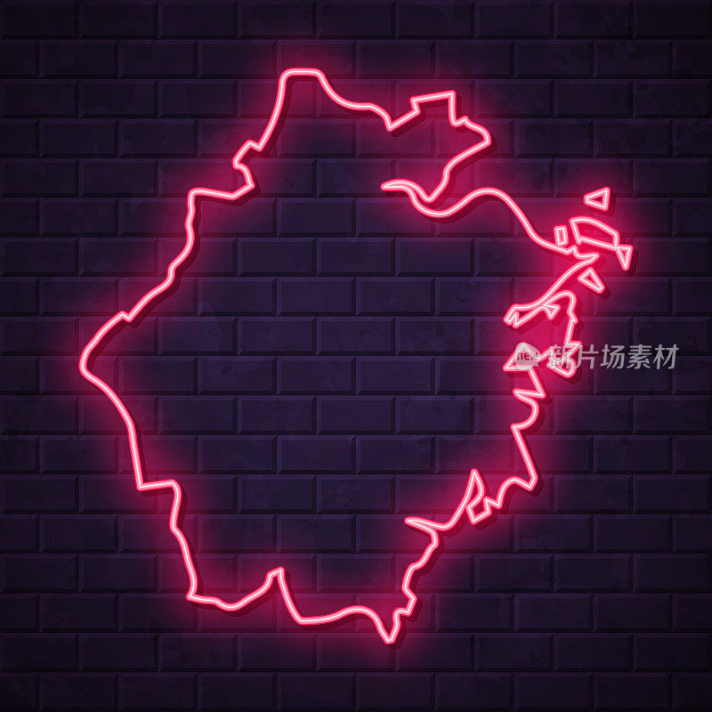 浙江地图-砖墙背景上闪烁的霓虹灯