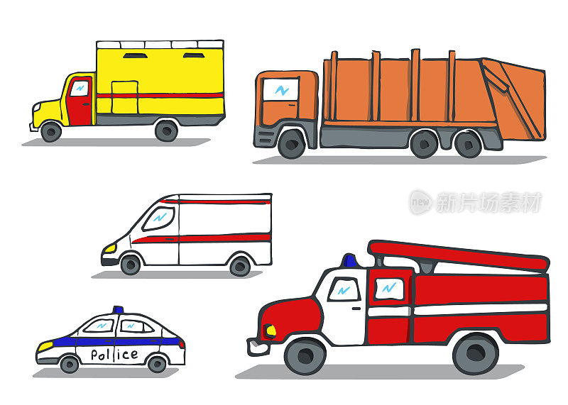 一组特殊汽车的照片。救护车，警察，消防，垃圾，紧急服务。