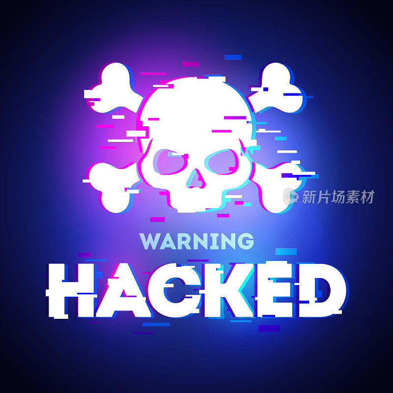 向量黑客故障文本。骷髅图在黑暗的背景上的glitch风格。警告黑客攻击。海盗的迹象。