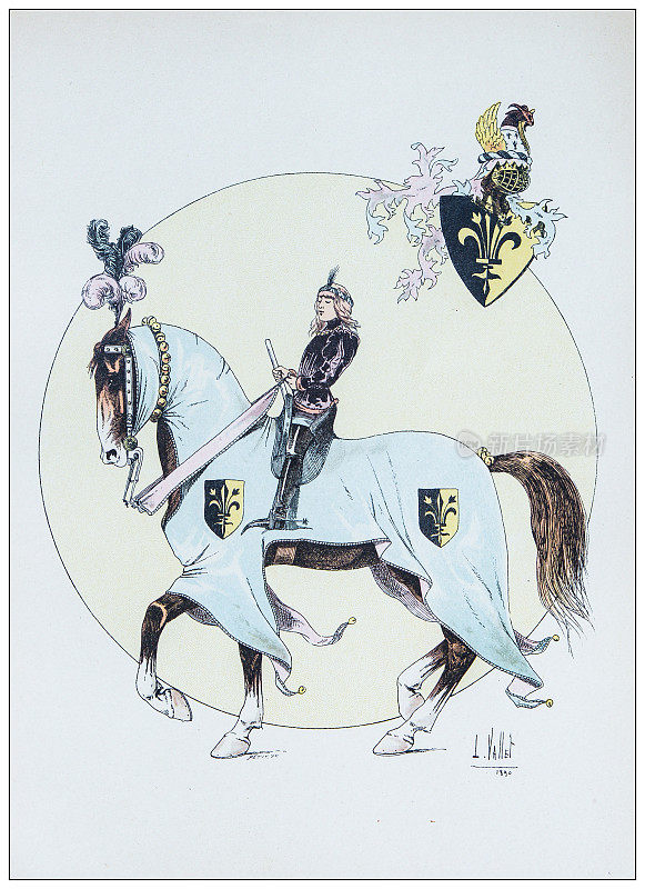 马、骑士和骑兵的古董插图:15世纪