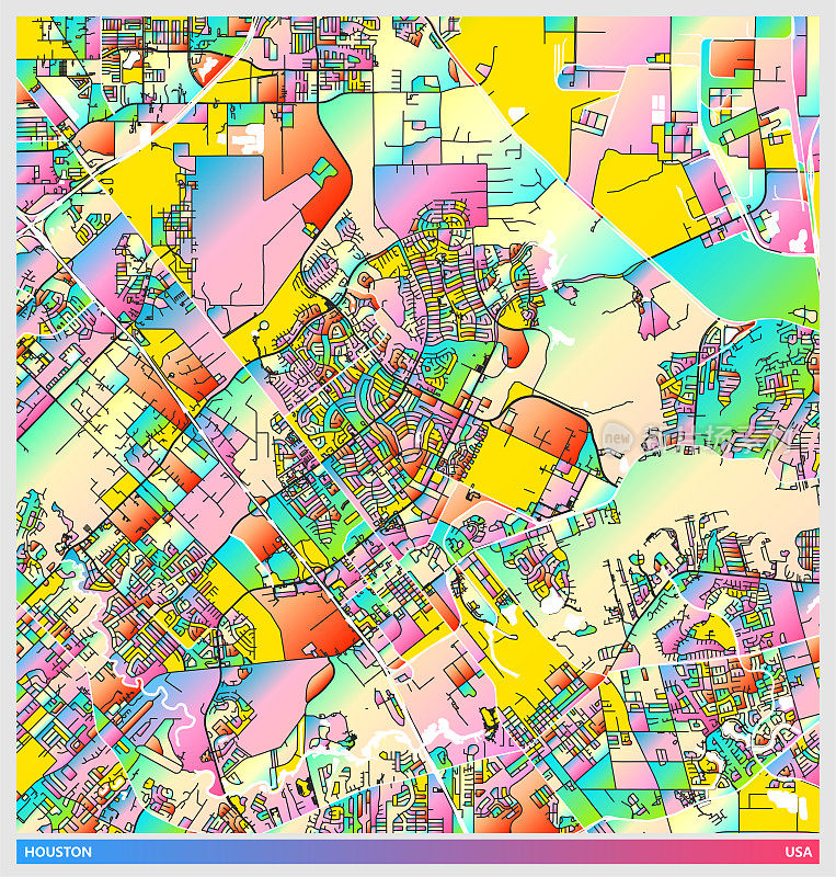 艺术插画风格地图，休斯顿市，美国