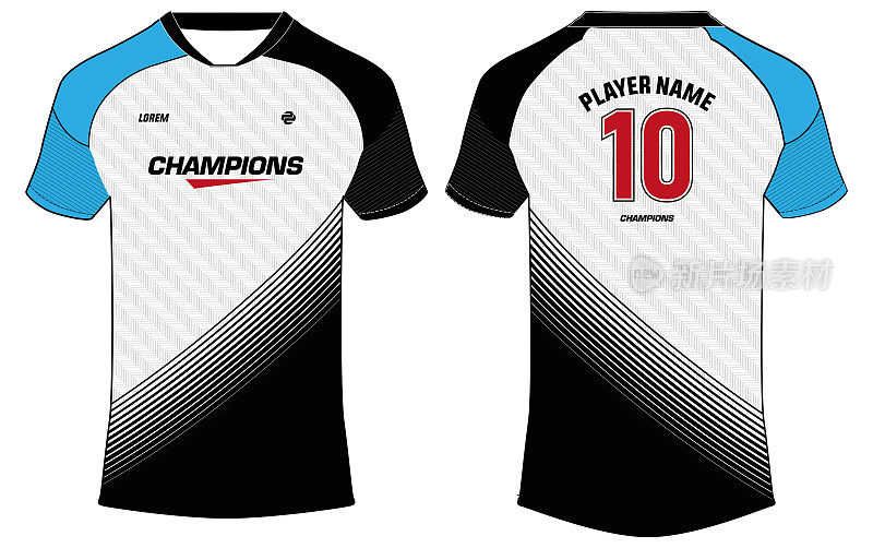 运动运动衫t恤设计概念矢量模板，V领raglan袖足球运动衫概念与前和后视图为足球，板球，排球，橄榄球，网球，羽毛球制服
