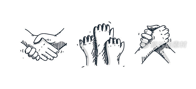 团队合作,握手,伙伴关系,意志力线和草图图标