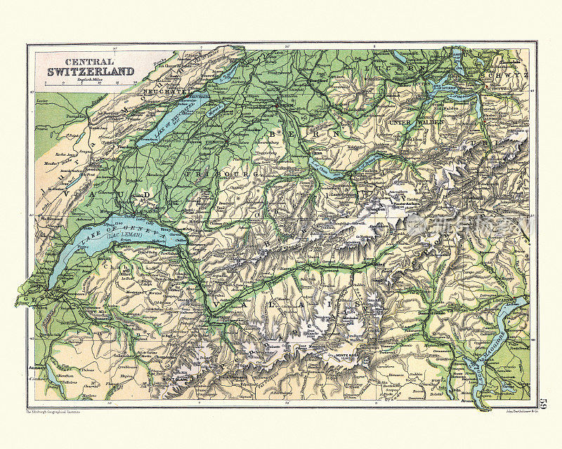 瑞士中部的古董地图，日内瓦湖，19世纪