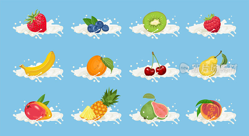 水果和浆果在牛奶或酸奶飞溅隔离。矢量卡通平面插图草莓，蓝莓，猕猴桃，覆盆子，香蕉，杏子，樱桃，梨，芒果，菠萝，番石榴和桃子。集