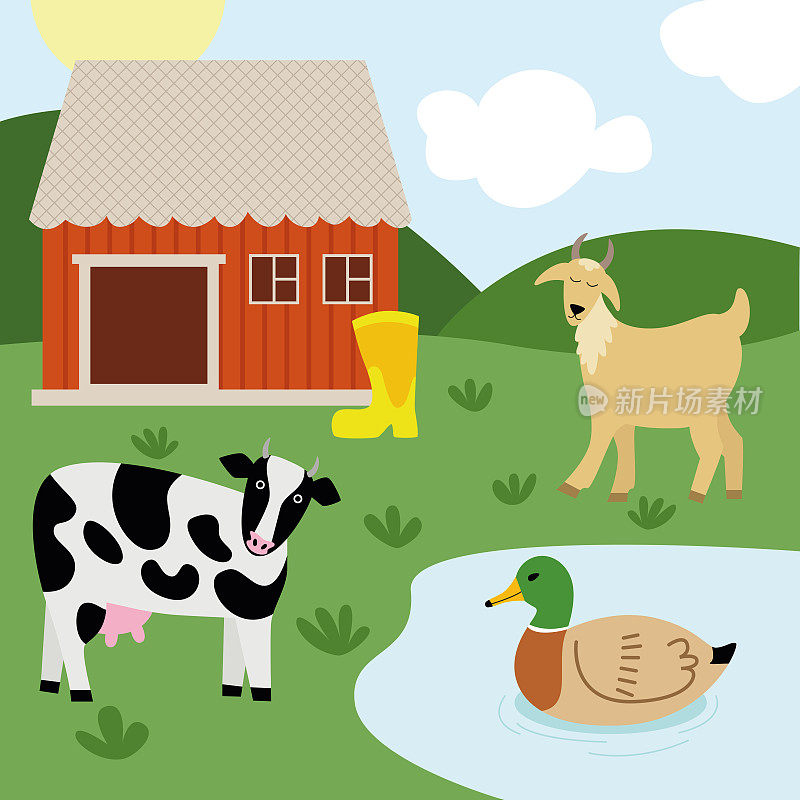 乡村景观、农场和田野。一头母牛和一只山羊在吃草，一只鸭子在湖里游泳。以房子和树木为背景。儿童教育，涂色书，童话故事。