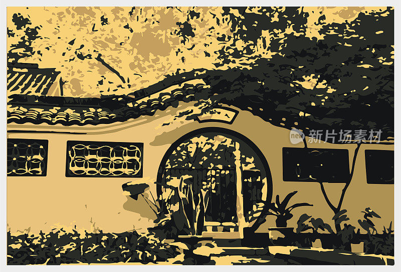 矢量木版艺术中国古典园林建筑景观插图背景