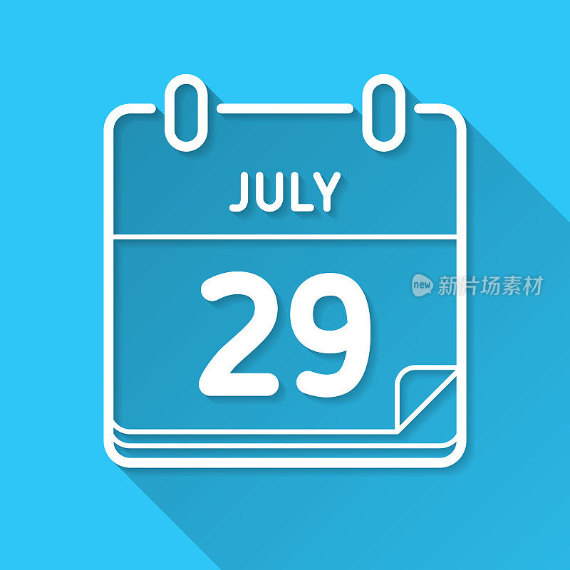 7月29日。图标在蓝色背景-平面设计与长阴影