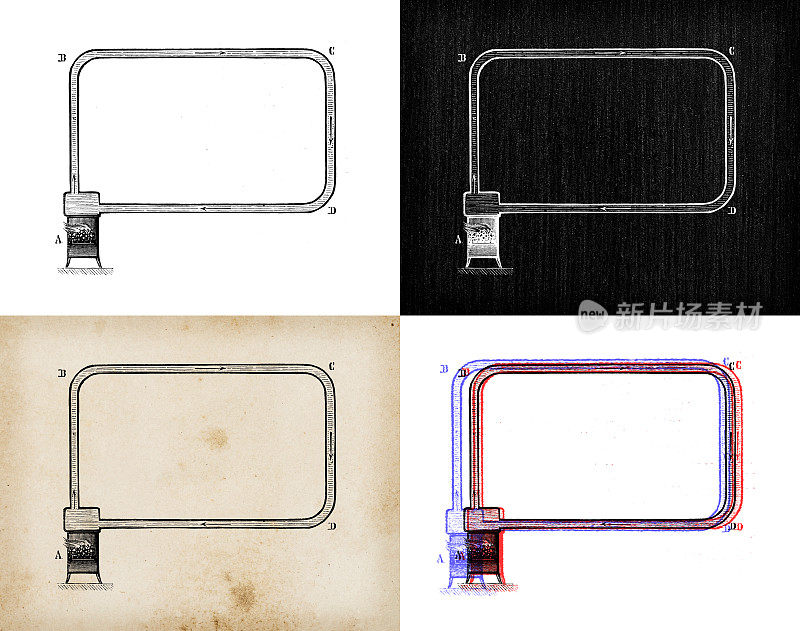 科学发现的古董插图:壁炉，炉子，加热器和烟囱