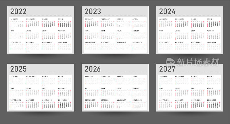 年份日历模板:2022年、2023年、2024年、2025年、2026年和2027年。一周从周日开始，