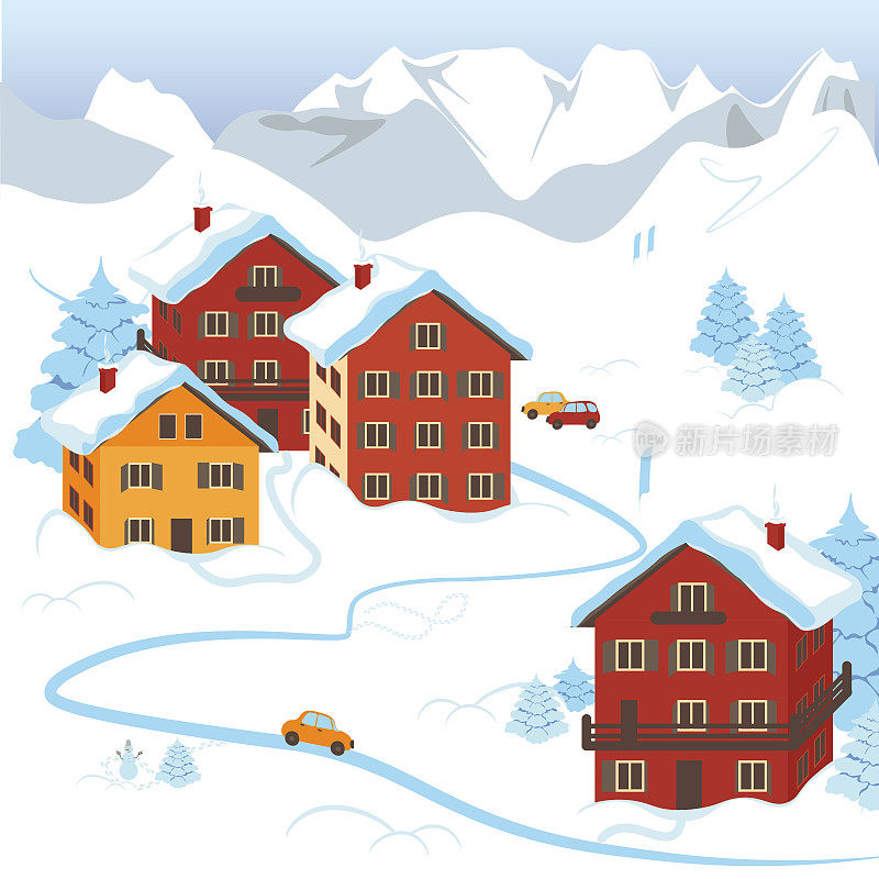 庆祝圣诞贺卡。群山映衬下白雪覆盖的村庄。明亮的房子，有车的马路，一个雪人，圣诞树。冬天。高山山地住宅。