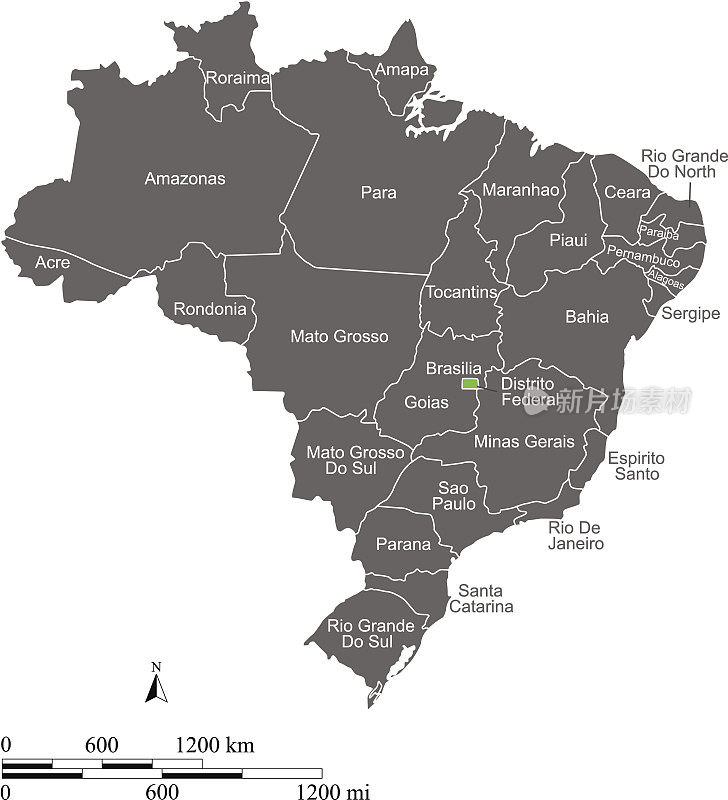 巴西地图矢量轮廓与比例尺和州或省