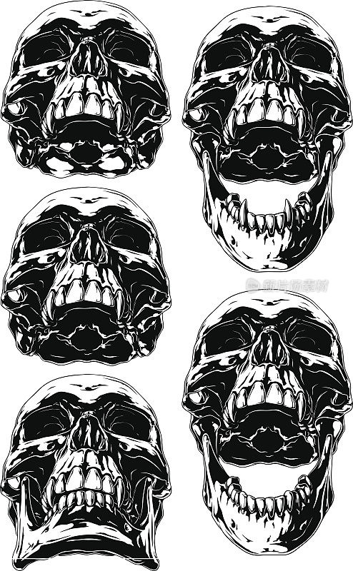 黑色可怕的图形人类头骨与犬齿纹身集